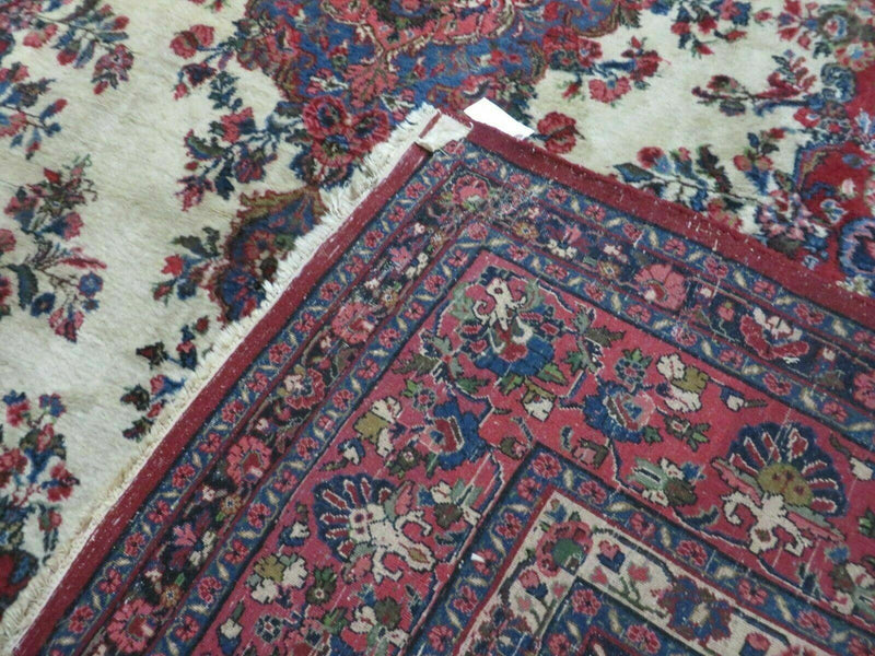 9x12 Persian Sarouk Rug - Semi Open Field Medallion Rug - Ivory Red Blue Hand Knotted Wool Oriental Carpet 9 x 12 Antique Rug - Vegetable Dyes