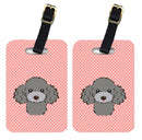 Checkerboard Pink Silver Gray Poodle Luggage Tag