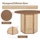 5-Piece Rattan Round Dining Table Set, Wood Table with Hexagonal Base and Upholstered Chairs for Dining Room, Kitchen,Indoor Use, White+Beige