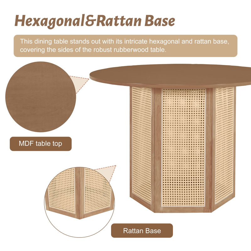 5-Piece Rattan Round Dining Table Set, Wood Table with Hexagonal Base and Upholstered Chairs for Dining Room, Kitchen,Indoor Use, White+Beige