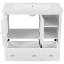 36" Bathroom Vanity with Ceramic Basin, Bathroom Storage Cabinet with Two Doors and Drawers, Solid Frame, Metal Handles, White