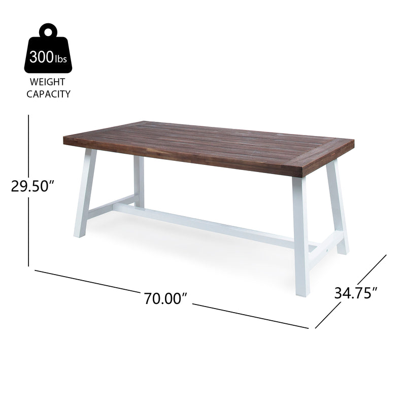Outdoor Dark Brown Sandblast Finish Acacia Wood Dining Table with White Rustic Metal Frame, Weather Resistant