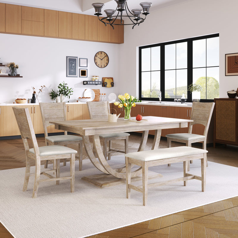 6-Piece Wood Half Round Dining Table Set Kitchen Table Set with Long Bench and 4 Dining Chairs, Modern Style, Natural