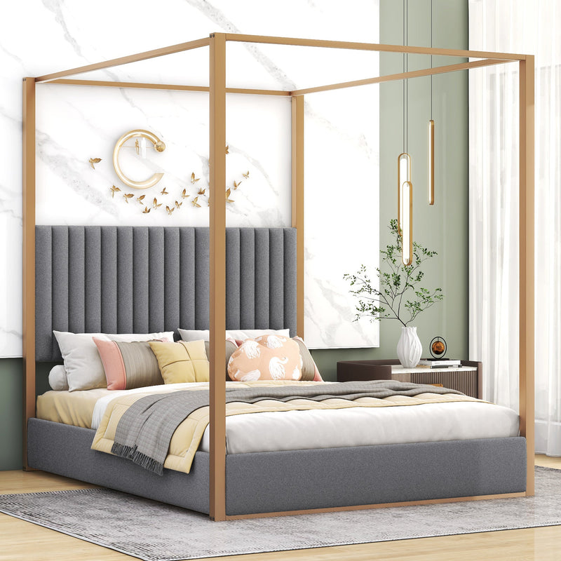 Walker Edison - Queen Size Upholstery Canopy Platform Bed with Headboard and Metal Frame, Gray