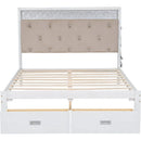 Wood Queen Size Platform Bed with Upholstered Headboard and LED and 2 Drawers, Antique White