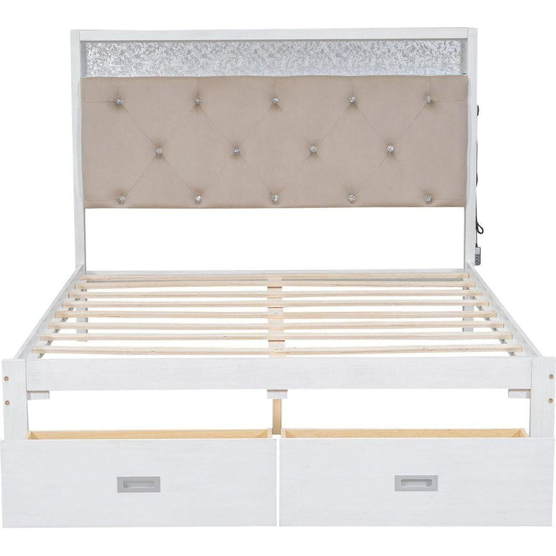 Wood Queen Size Platform Bed with Upholstered Headboard and LED and 2 Drawers, Antique White