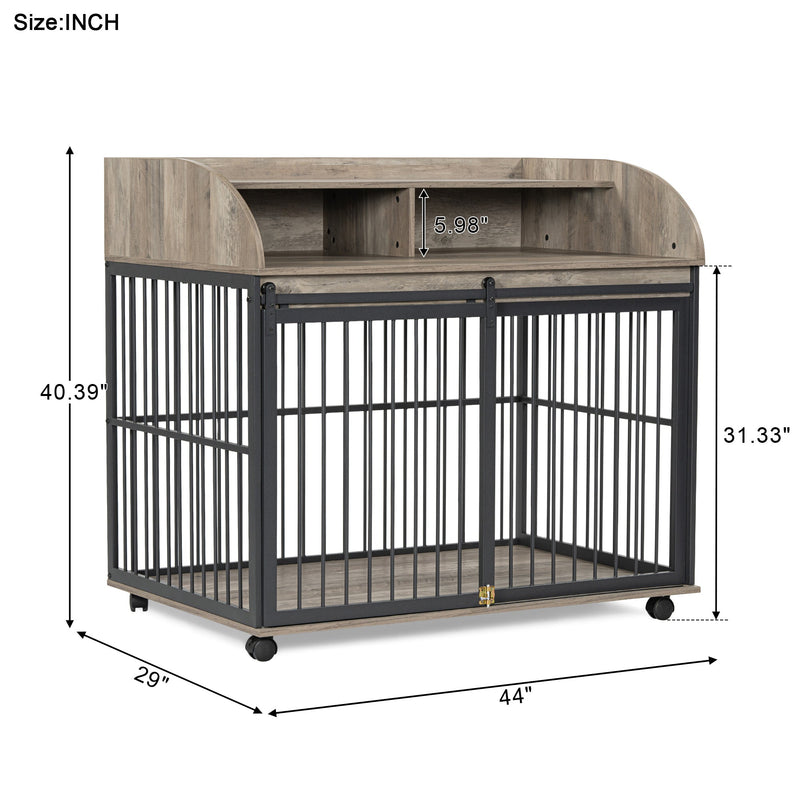 44" Heavy Duty Large Dog Crate Furniture for Large Medium Dog with Lockable Wheels, Wooden Dog Crate Dog Kennel, End Table Crate with Double layer storage, Gray