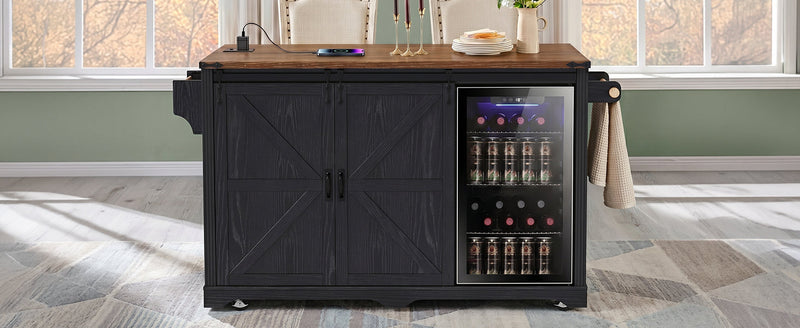 K&K 72" Farmhouse Kitchen Island with Fridge Storage Space & Power Outlet, photo 2 of 10