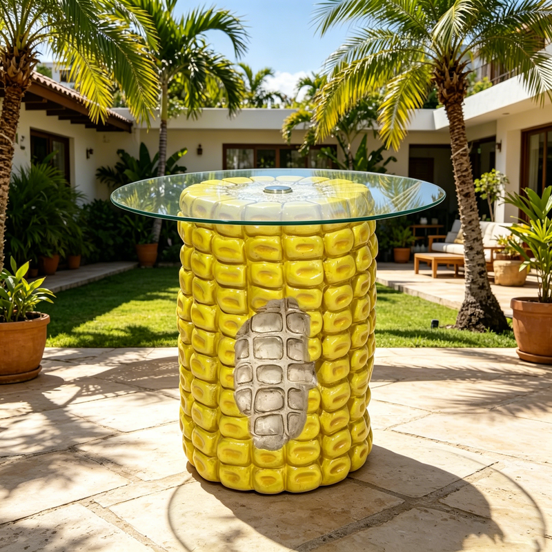 Corn Cob Side Table, 17.32-Inch High with Glass Top, Yellow