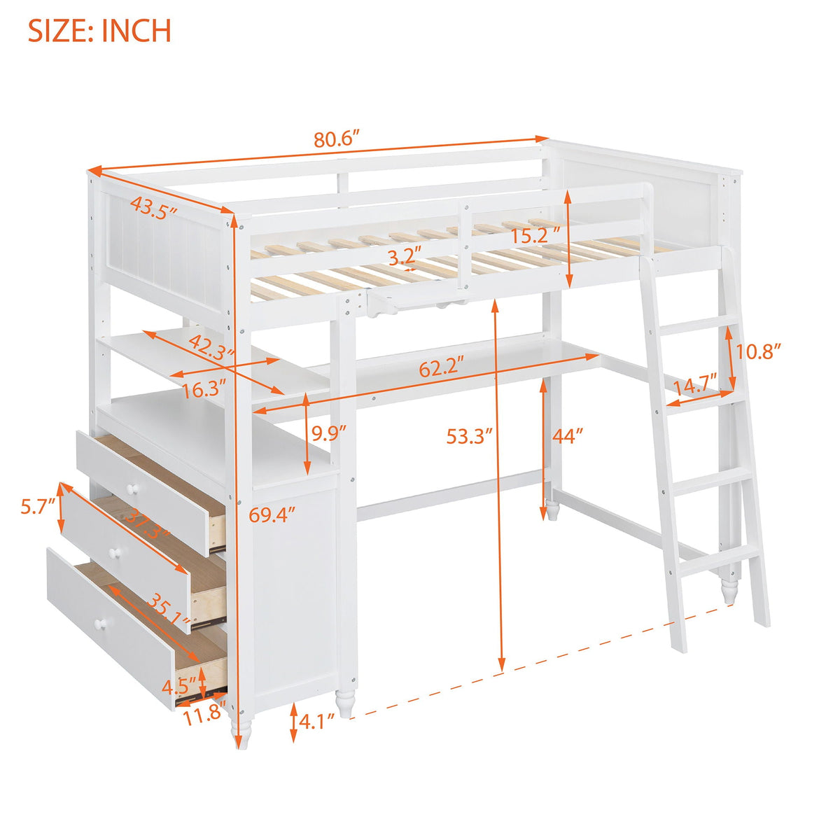 Loft Bed With Drawers With Desk And Shelves, photo 11 of 17