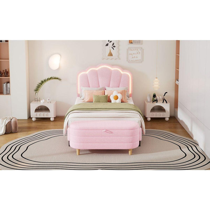 2-Pieces Bedroom Sets Twin Size Flower-Shaped Upholstered LED Platform Bed with Storage Ottoman-Sherpa Fabric, Pink