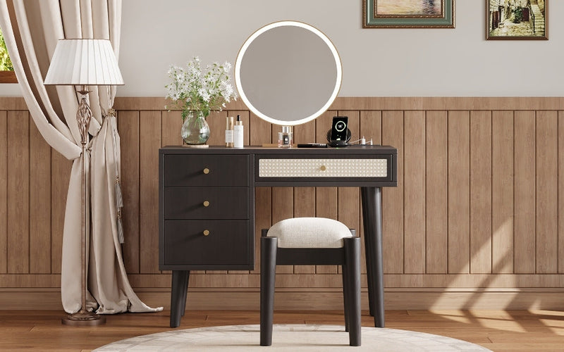 Walker Edison - 39" Retro Bohemian Style Wooden Makeup Vanity Set with Charging Plug&USB Port and Stool, Dressing Table with 3 Storage Drawers and 1 Rectangular Rattan Drawer, Black