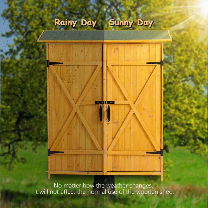 56"L x 19.5"W x 64"H Outdoor Storage Shed with Lockable Door, Wooden Tool Storage Shed w/Detachable Shelves & Pitch Roof, Natural
