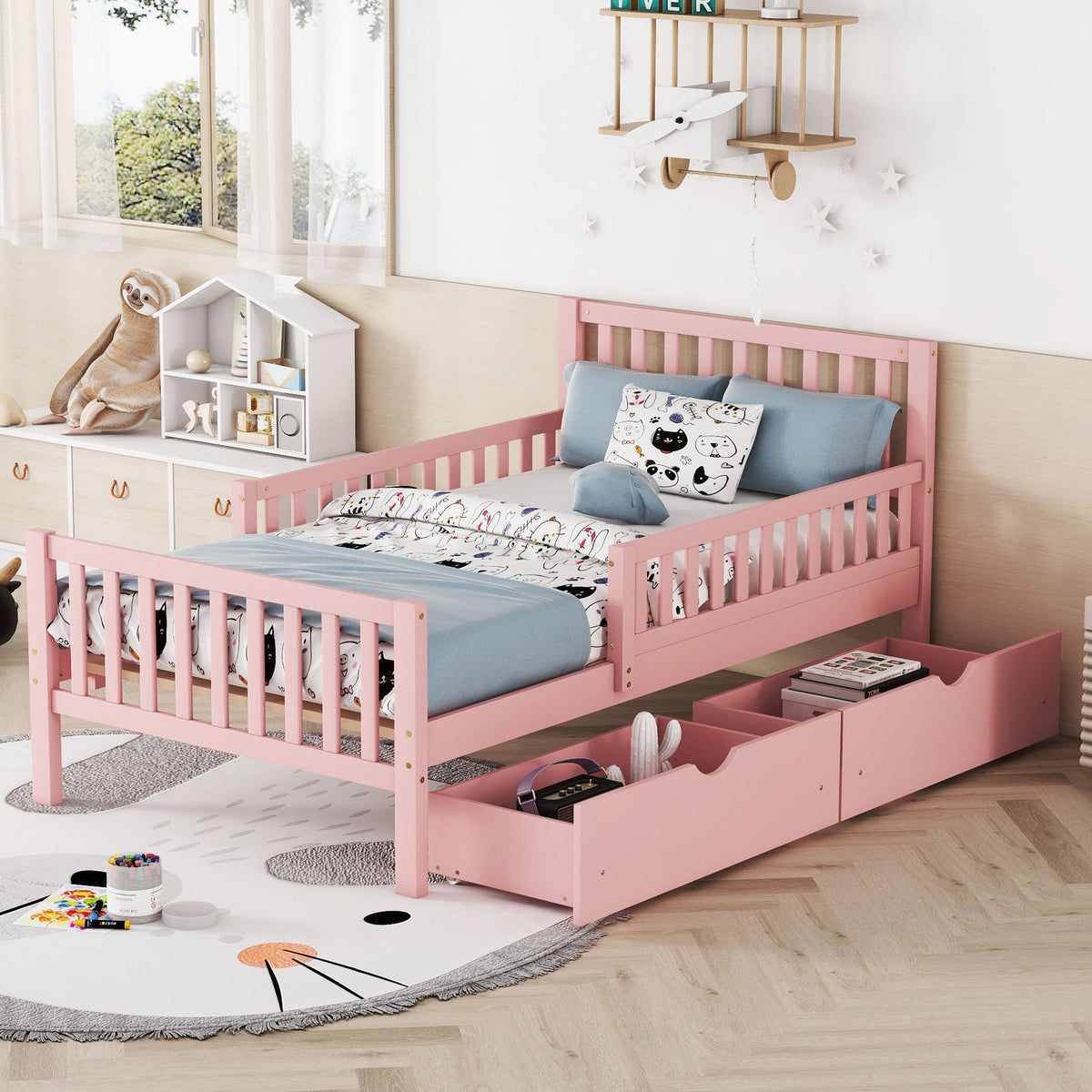 Platform Bed With Guardrails On Both Sides And 2 Storage Drawers, photo 5 of 40