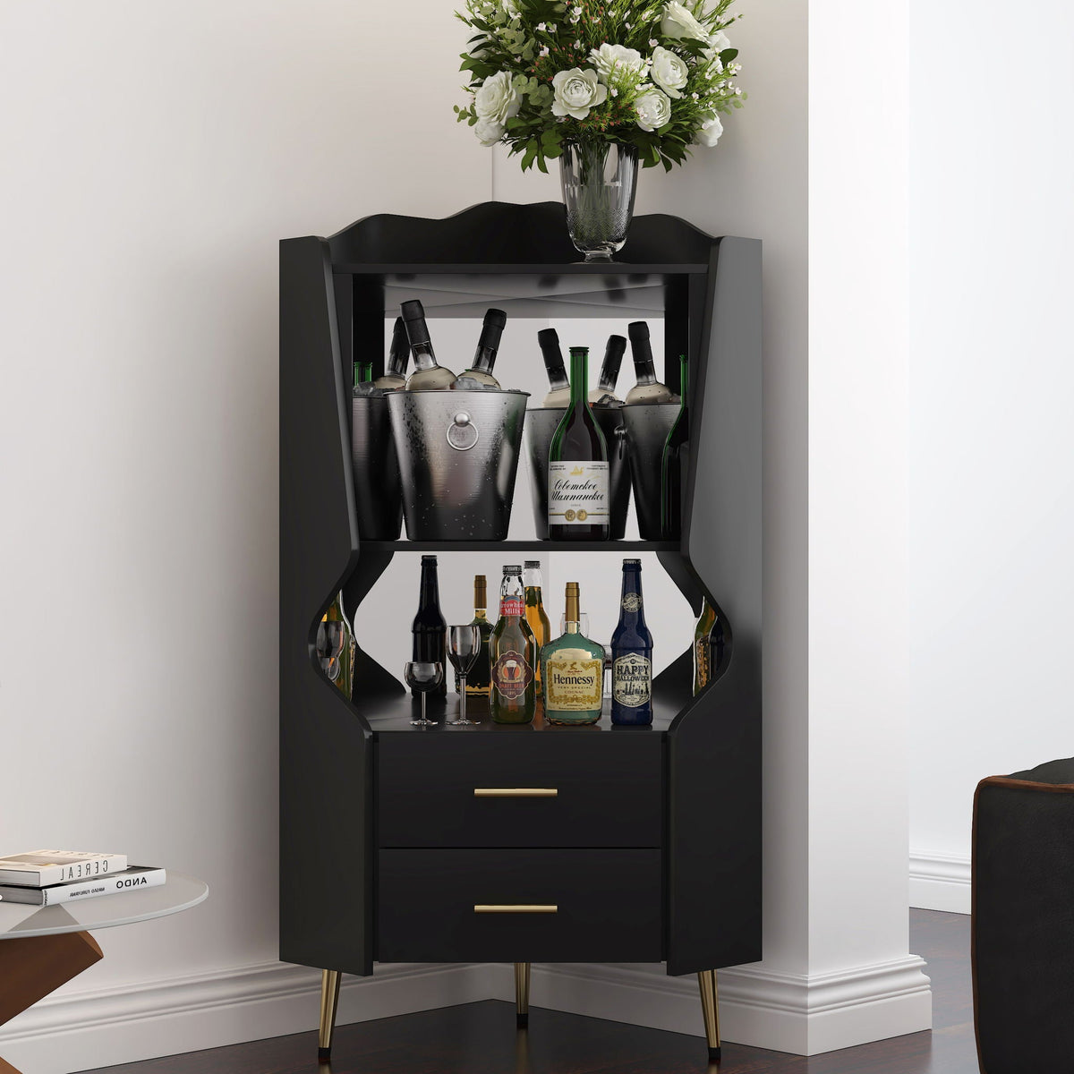 Corner Bar Cabinet With Mirrored Back, 2 Open Shelves & 2 Drawers, photo 12 of 12