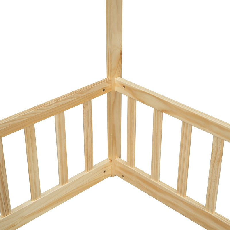 Double Twin House-Style Floor Bed with Fence, Guardrails, without door, Natural(Old Sku:W504P143318)