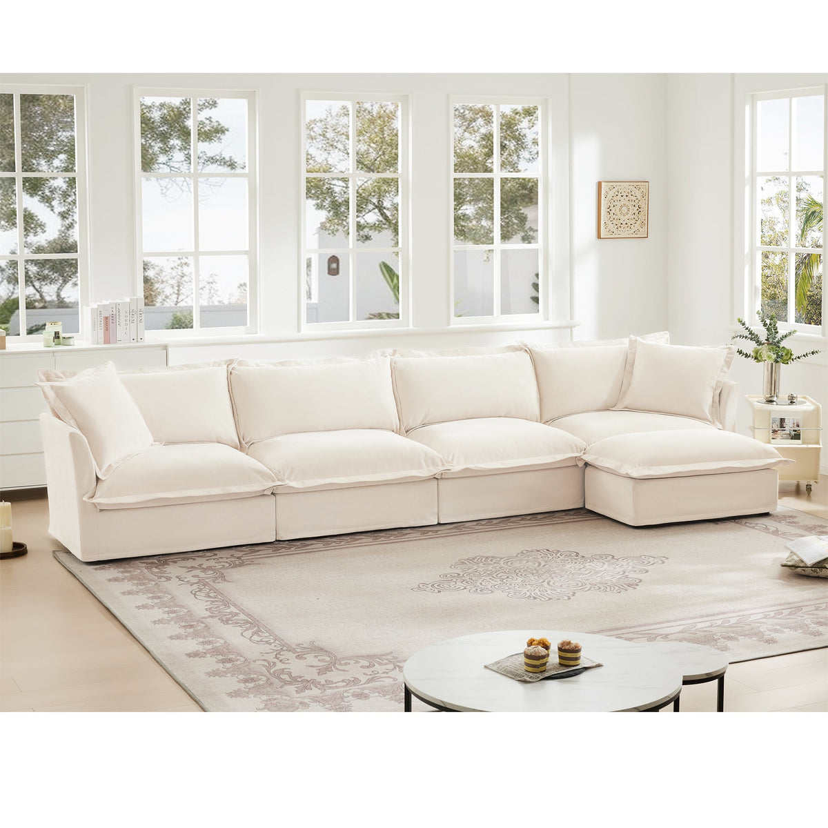 Slipcovered L Shape Sectional Long Sofa Couch - 4 Seater, photo 3 of 10