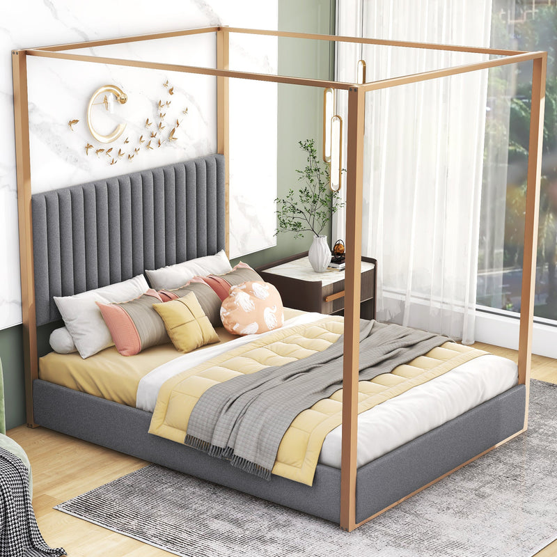 Walker Edison - Queen Size Upholstery Canopy Platform Bed with Headboard and Metal Frame, Gray