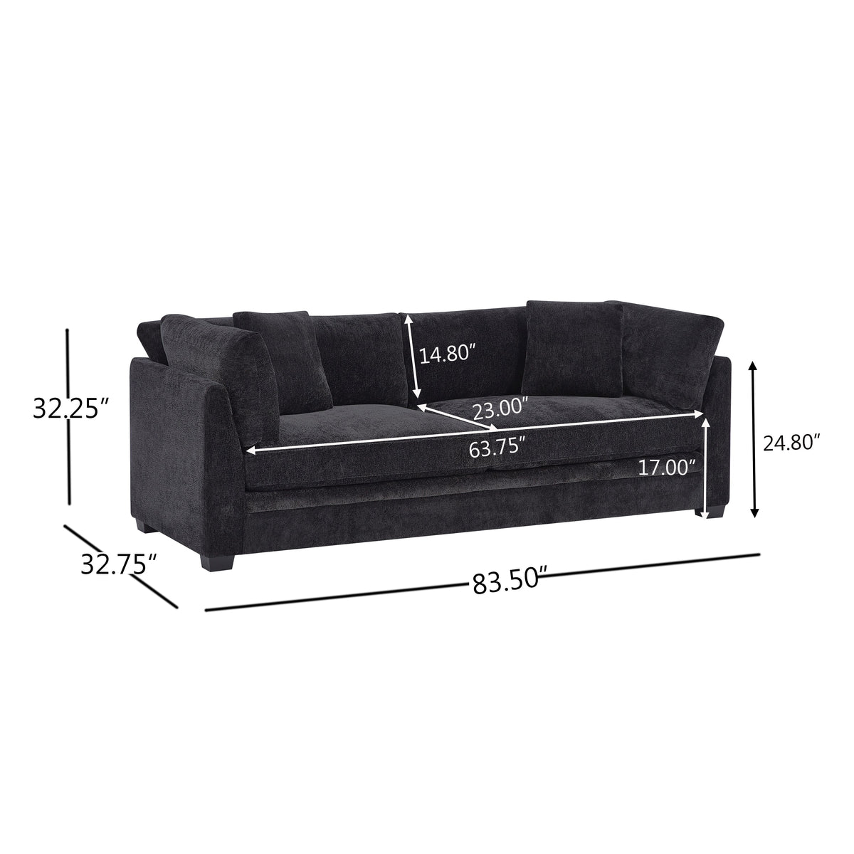 83.50" Modern Flared Arms Sofa (Black), photo 7 of 10