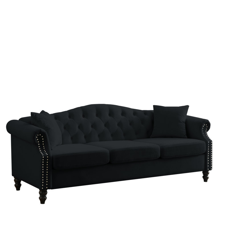 79" Chesterfield Sofa Black Velvet for Living Room, 3 Seater Sofa Tufted Couch with Rolled Arms and Nailhead for Living Room, Bedroom, Office, Apartment, 3S+3S
