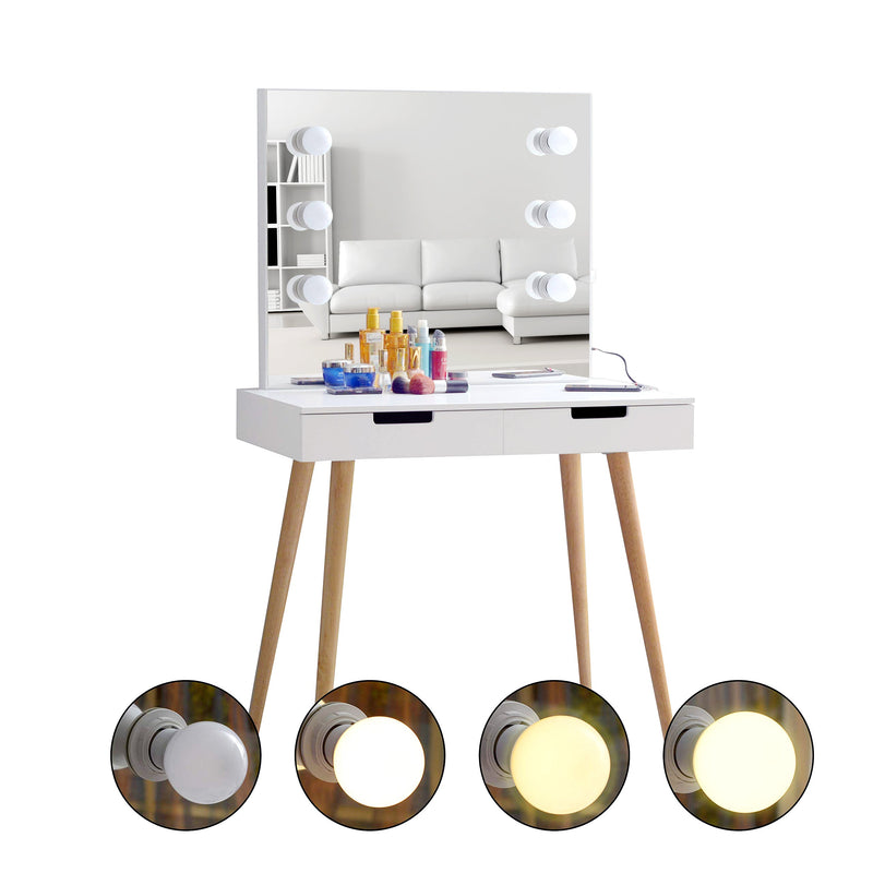 Walker Edison - Wooden Vanity Table Makeup Dressing Desk with LED Light,dressing table with USB port,White