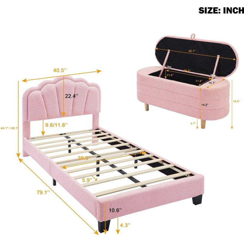 2-Pieces Bedroom Sets Twin Size Flower-Shaped Upholstered LED Platform Bed with Storage Ottoman-Sherpa Fabric, Pink