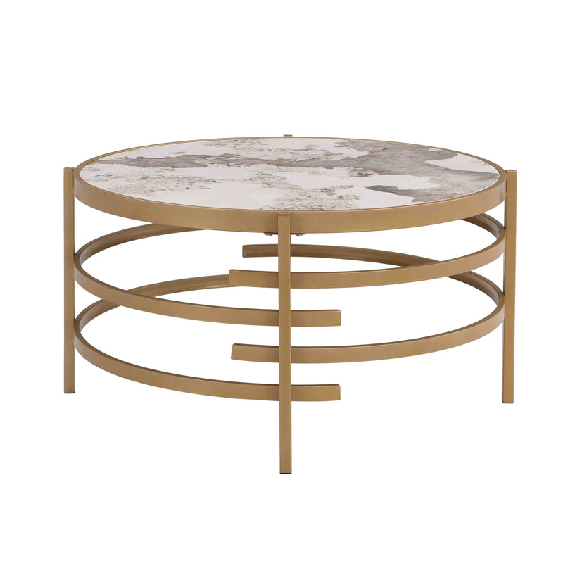 32.48" Round Coffee Table With Sintered Stone Top&Sturdy Metal Frame, Modern Coffee Table for Living Room, Golden