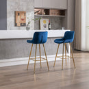 30 inch Set of 2 Bar Stools, with Chrome Footrest Velvet Fabric Counter Stool Golden Leg Simple High Bar Stool, BLUE