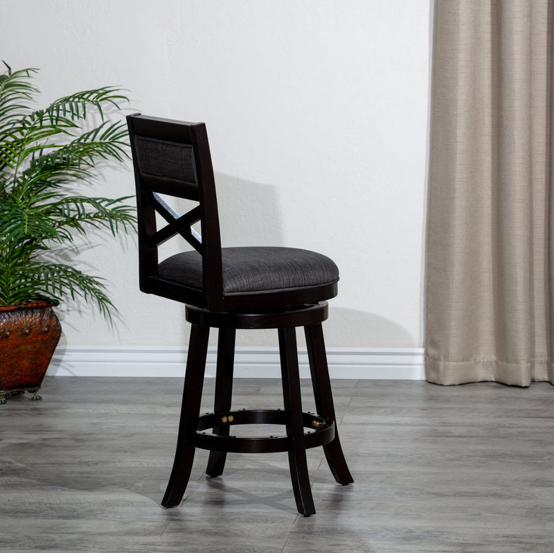 24" Counter Height X-Back Swivel Stool, Espresso Finish, Charcoal Fabric Seat