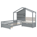 House Bed With Upholstered Sofa, Wireless Charging Station, Shelves And 2 Drawers