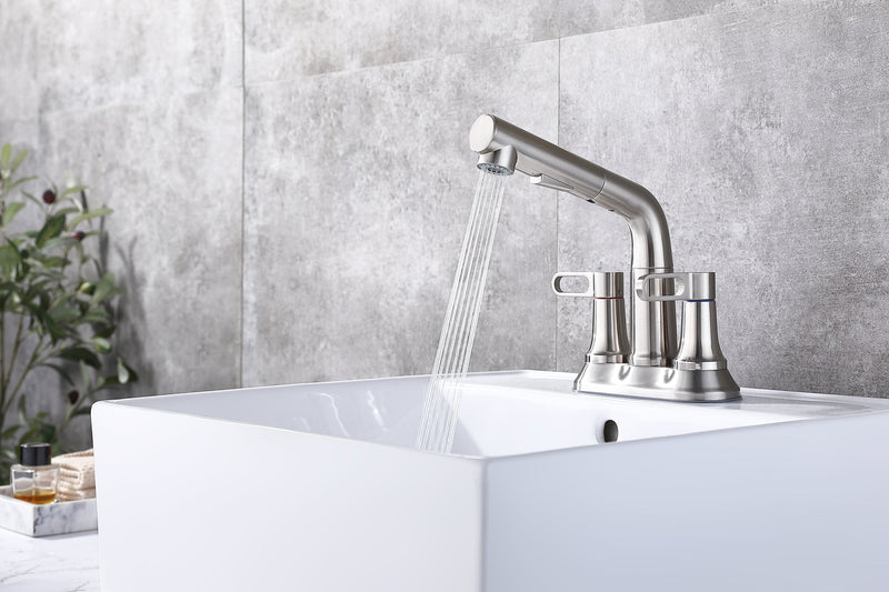 2 Handle Bathroom Sink Faucet 3 Hole with Pull Out Sprayer, Centerset Bathroom Faucets, 4 Inch Centerset Bathroom Faucet with Retractable Hose, Hot and Cold Water Mixing Faucet