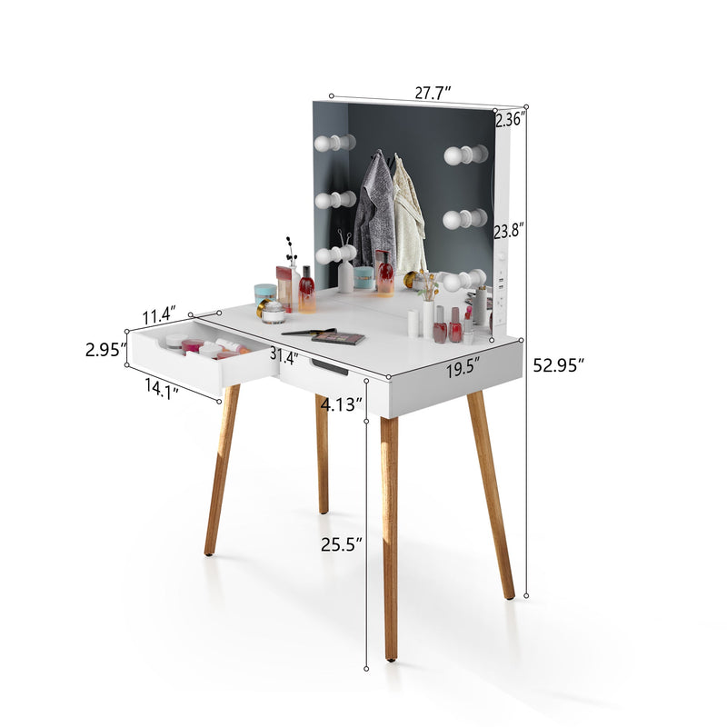 Walker Edison - Wooden Vanity Table Makeup Dressing Desk with LED Light,dressing table with USB port,White