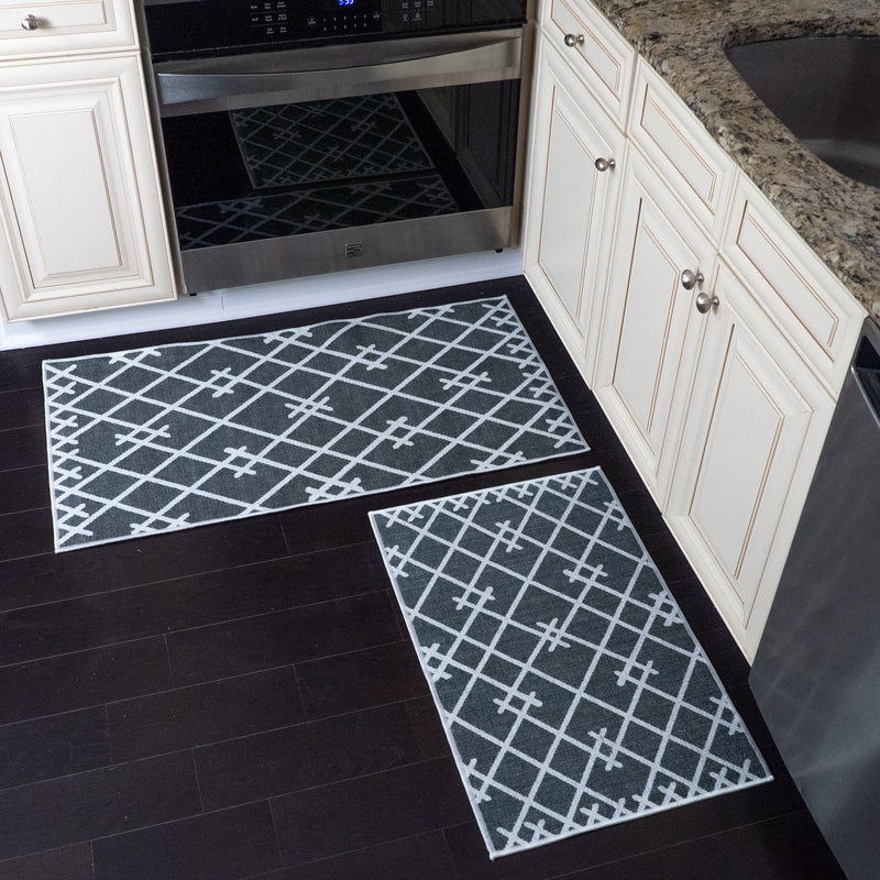 Geometric Design Non Skid Washable Kitchen Runner Rugs Set of 2| 44 x 24 and 31.5 x 20 Inches Floor Mats |Gray