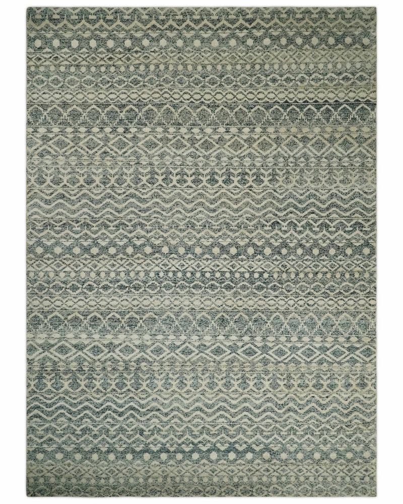 8x10, 9x12 and 10x14 Hand Knotted Blue, Beige and Camel Modern Contemporary Southwestern Tribal Trellis Recycled Silk Area Rug | OP13