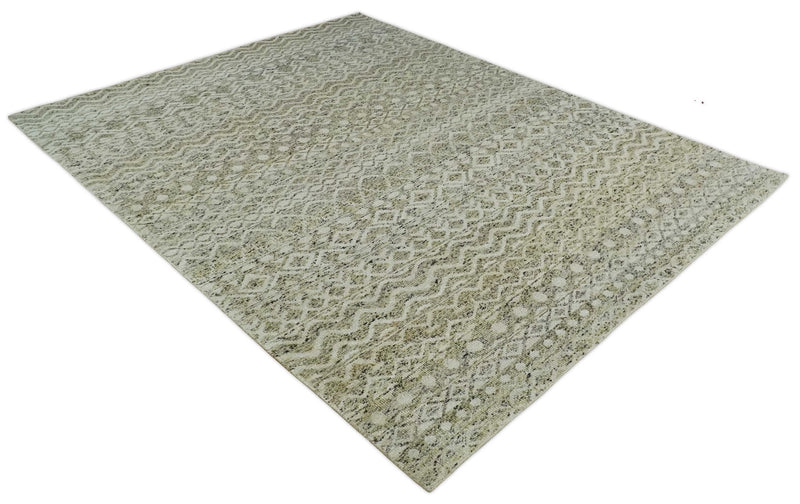 9x12 and 10x14 Hand Knotted Ivory, Beige and Brown  Modern Contemporary Southwestern Tribal Trellis Recycled Silk Area Rug | OP28