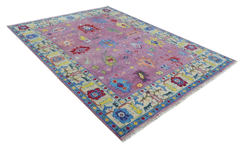 9x12 Antique Hand Knotted Purple, Beige and Blue Traditional Vintage Oushak Wool Rug | TRDCP1352912