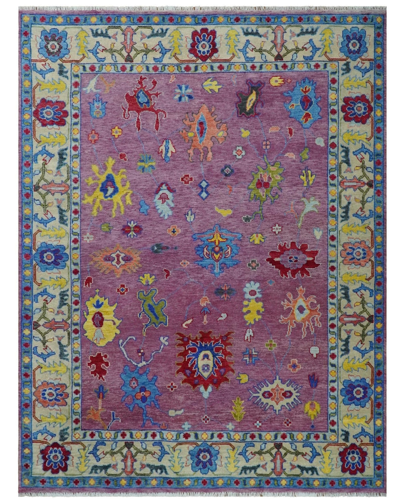 9x12 Antique Hand Knotted Purple, Beige and Blue Traditional Vintage Oushak Wool Rug | TRDCP1352912