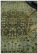 9x12 Antique Style Hand Knotted Green and Silver Medallion Pattern Wool Area Rug