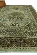 9x12 Antique Style Hand Knotted Green and Silver Medallion Pattern Wool Area Rug