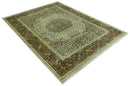 9x12 Antique Style Hand Knotted Green and Silver Medallion Pattern Wool Area Rug