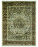 9x12 Antique Style Hand Knotted Green and Silver Medallion Pattern Wool Area Rug