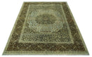 9x12 Antique Style Hand Knotted Green and Silver Medallion Pattern Wool Area Rug