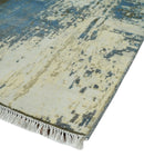 Beige and Blue Wool Silk Area Rug 9x12 - Hand Knotted Modern Abstract
