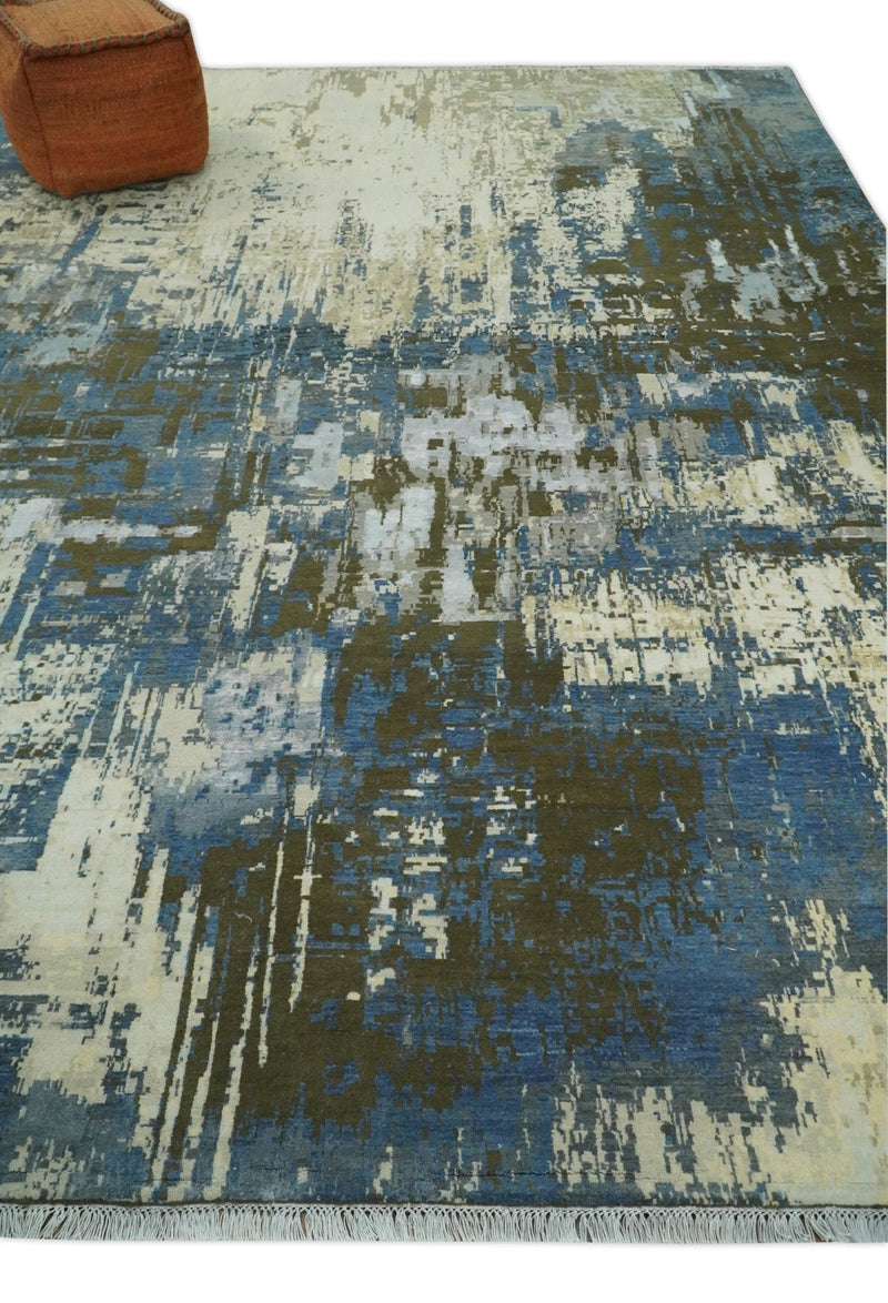 9x12 Fine Hand Knotted Beige and Blue Modern Abstract Style Antique Wool and Silk Area Rug | AGR31