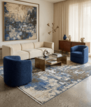 Beige and Blue Wool Silk Area Rug 9x12 - Hand Knotted Modern Abstract