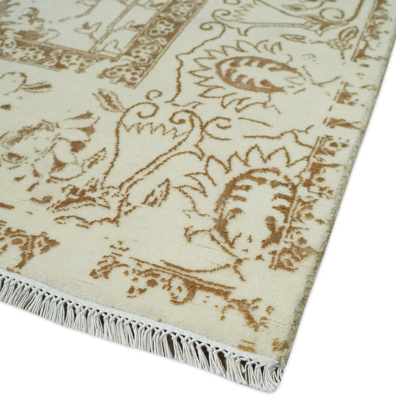 9x12 Fine Hand Knotted Beige and Brown Traditional Vintage Persian Style Antique Wool and Silk Rug | AGR46