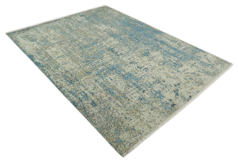 9x12 Fine Hand knotted Bue and Beige Traditional Modern Abstract Wool and Bamboo Silk Area Rug | TRDCP675912