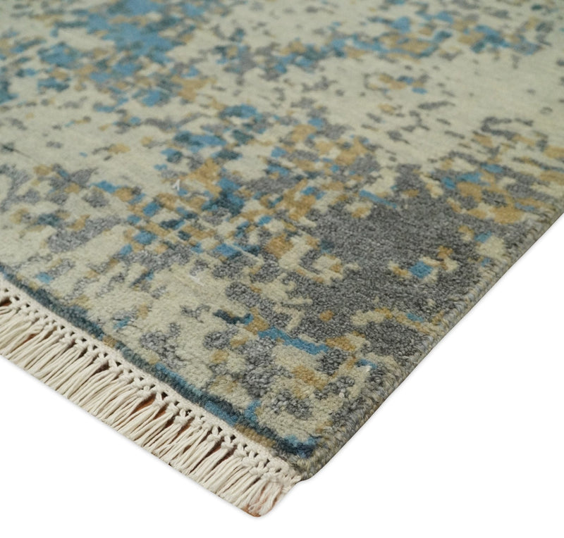 9x12 Fine Hand knotted Bue and Beige Traditional Modern Abstract Wool and Bamboo Silk Area Rug | TRDCP675912