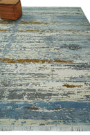 9x12 Fine Hand Knotted Ivory and Blue Modern Abstract Style Antique Wool and Silk Area Rug | AGR22