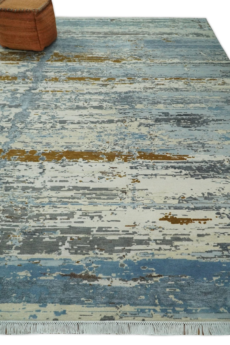 9x12 Fine Hand Knotted Ivory and Blue Modern Abstract Style Antique Wool and Silk Area Rug | AGR22